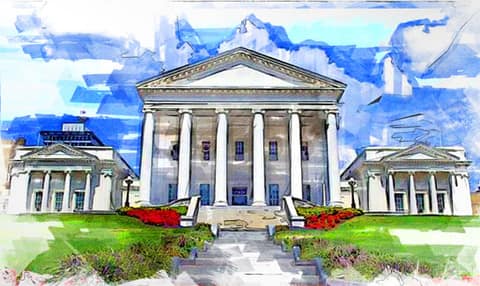 Painterly illustration of a columned capitol building
