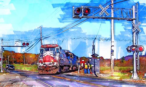 Painterly illustration of a freight train at a rural crossing