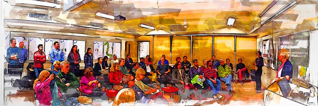 Painterly illustration of residents at a public TJPDC meeting