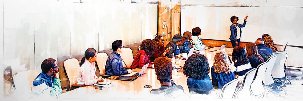 Painterly illustration of a TJPDC staff presentation