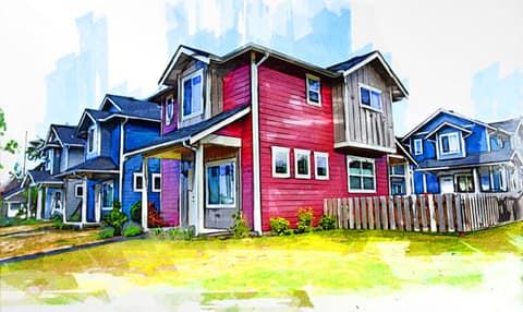 Painterly illustration of colourful new homes