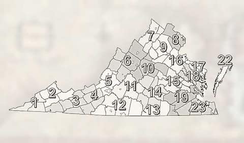 Map of Virginia divided into its numbered planning districts